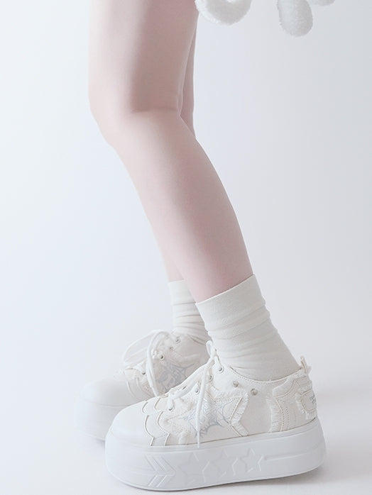 White Y2K Star Applique Platform Sneakers