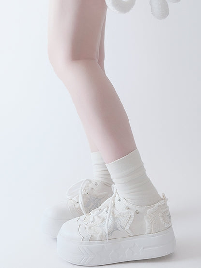 White Y2K Star Applique Platform Sneakers