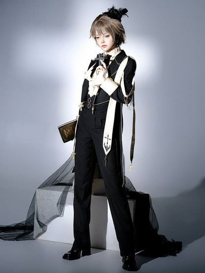 Clearance-Size L for Bust 98CM Black Ouji Lolita Cross Chains and Charms Decorated Stole Swallow Tail Blazer Coat