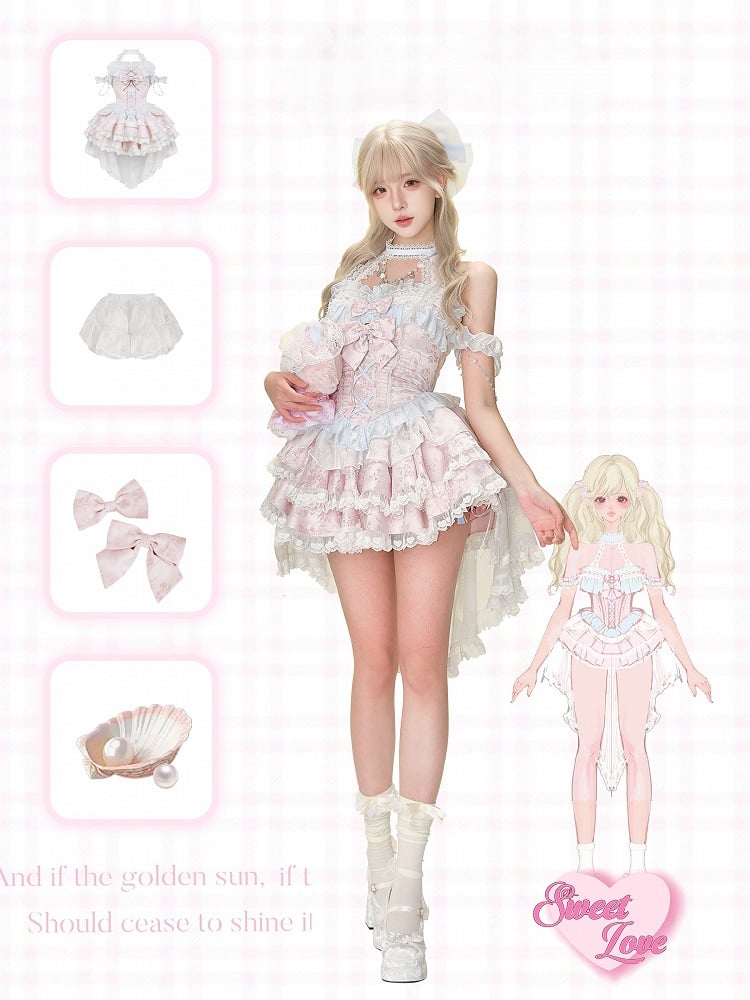 Enchanted Pink Jacquard Dress Tiered Skirt with Beaded Details