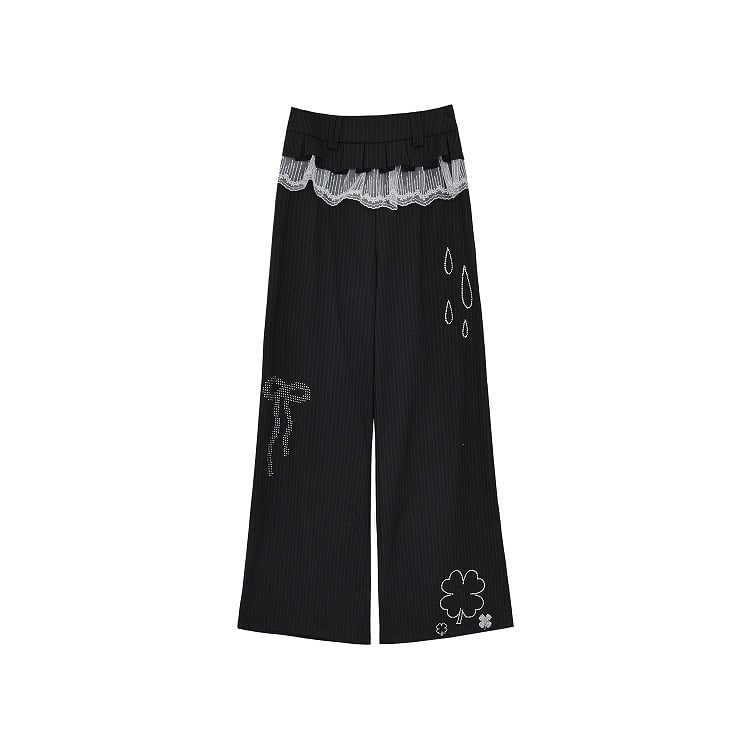 Black Wide-Leg Pants with Raindrop and Clover Rhinestone and Lace Trim