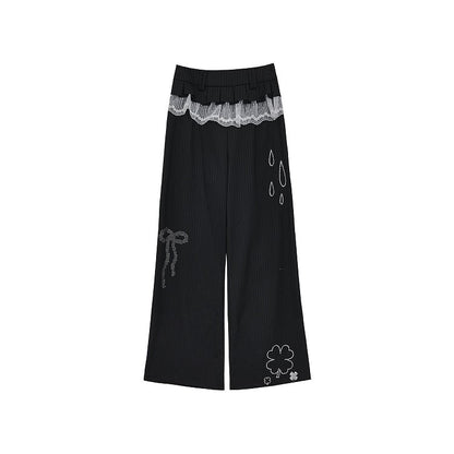 Black Wide-Leg Pants with Raindrop and Clover Rhinestone and Lace Trim