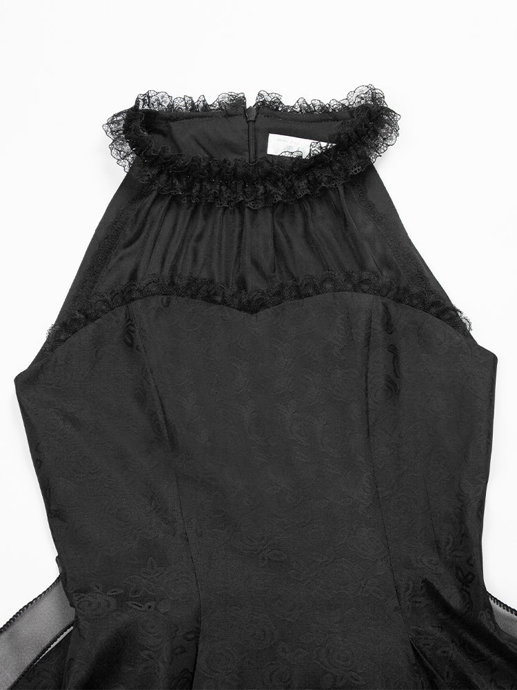 Rosette Jacquard Fabric All Black Illusion Halter Neck Lace Panels Prom Dress