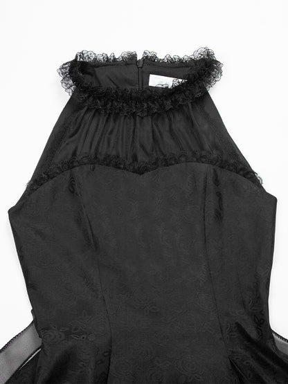 Rosette Jacquard Fabric All Black Illusion Halter Neck Lace Panels Prom Dress