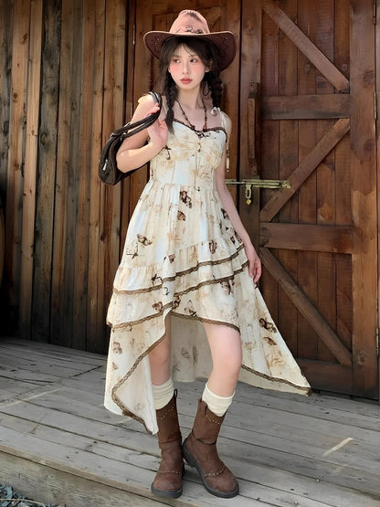 Vintage Butterfly Print Handkerchief Hem Apricot Tie Dye Spaghetti Strap Dress