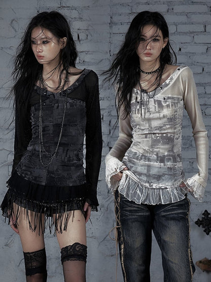 Black&Gray/Beige Wasteland Punk Star And Studs Decorated Lace Trim T-shirt