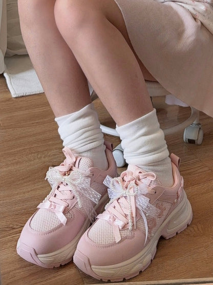 Pink Beaded Decorated Bowknot Details Front Lace-up Ties Sneakers