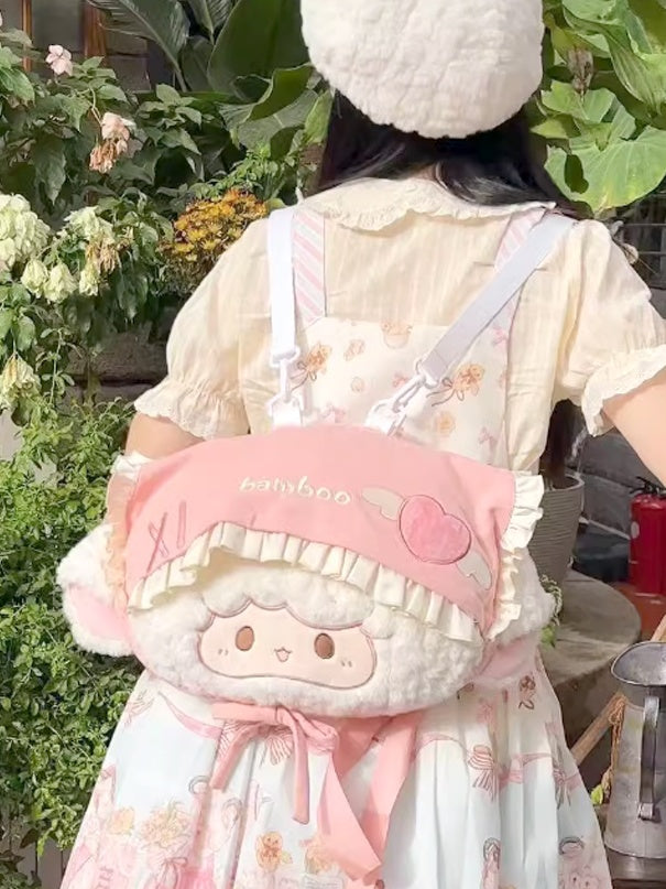 White&Pink Lamb-shaped Bowknot Plush Backpack