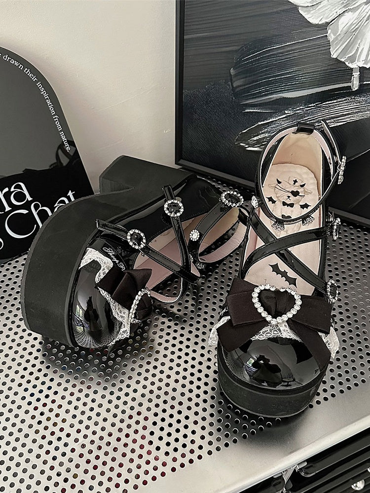 Bow at Top Polished Black Jirai Kei Rhinestones Block Heel Platforms Landmine Style Shoes
