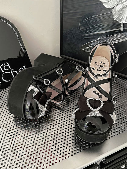 Bow at Top Polished Black Jirai Kei Rhinestones Block Heel Platforms Landmine Style Shoes
