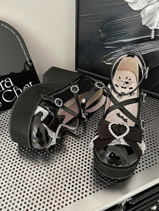 Bow at Top Polished Black Jirai Kei Rhinestones Block Heel Platforms Landmine Style Shoes