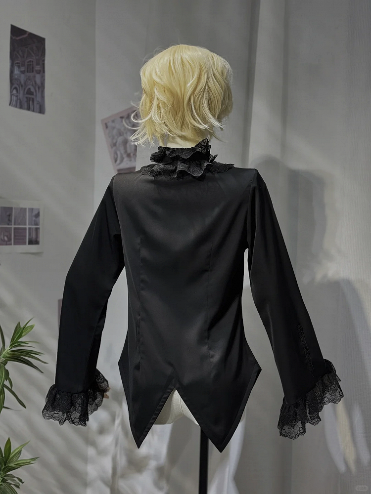 Black Ouji Lolita Ruffle Neckline Prince Style Long Sleeves Shirt