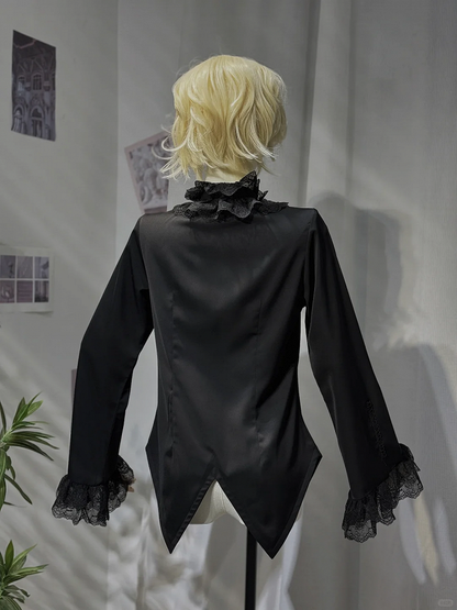 Black Ouji Lolita Ruffle Neckline Prince Style Long Sleeves Shirt