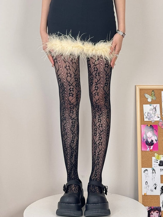 Black/White/Gray/Brown/Blue Hollow-out Design Floral Pattern Tights