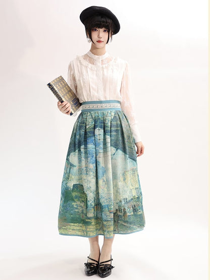 Gare Saint-Lazare Oil Painting Print Green High Waist Skirt Long/Short Version