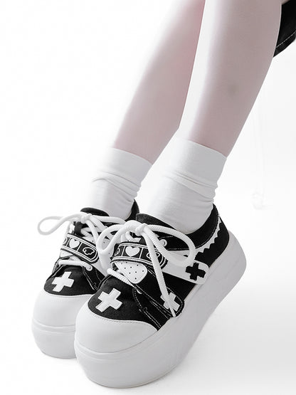 Black Yami Kawaii Cross Applique Crisscross Velcro Strap Closures Platform Sneakers