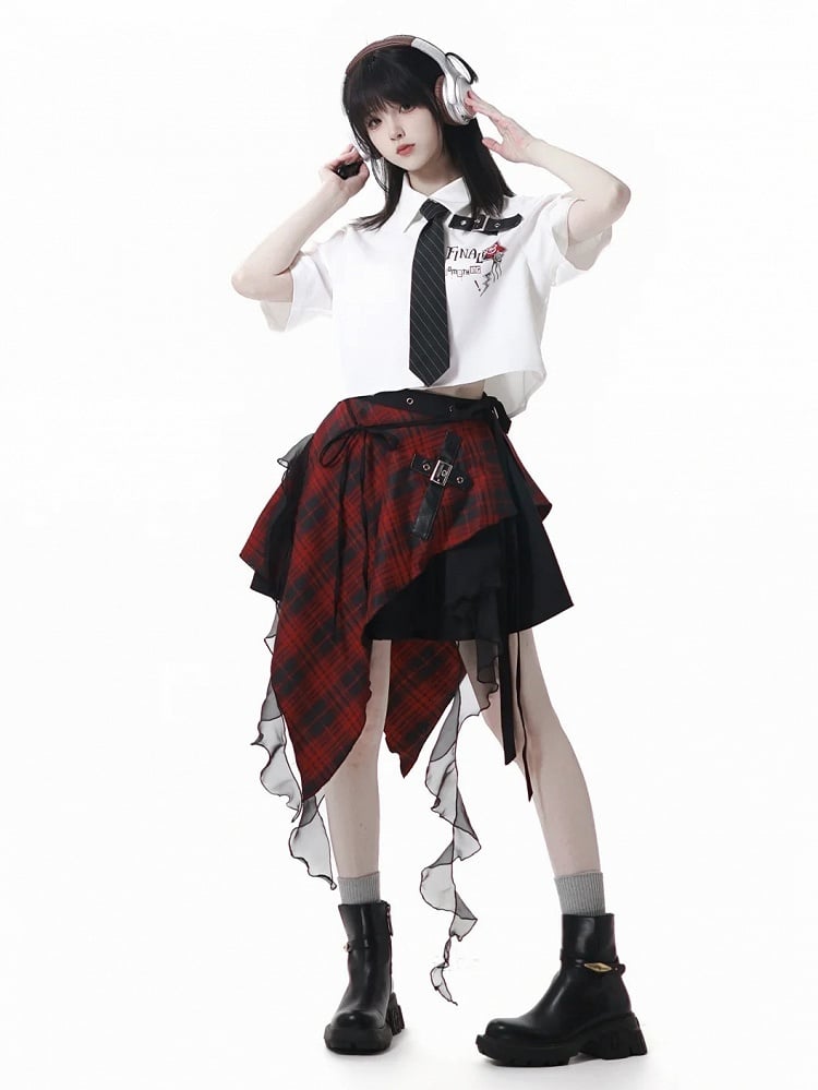 Handkerchief Hem Cascading Ruffles Black and Red Plaid Waist Accessory