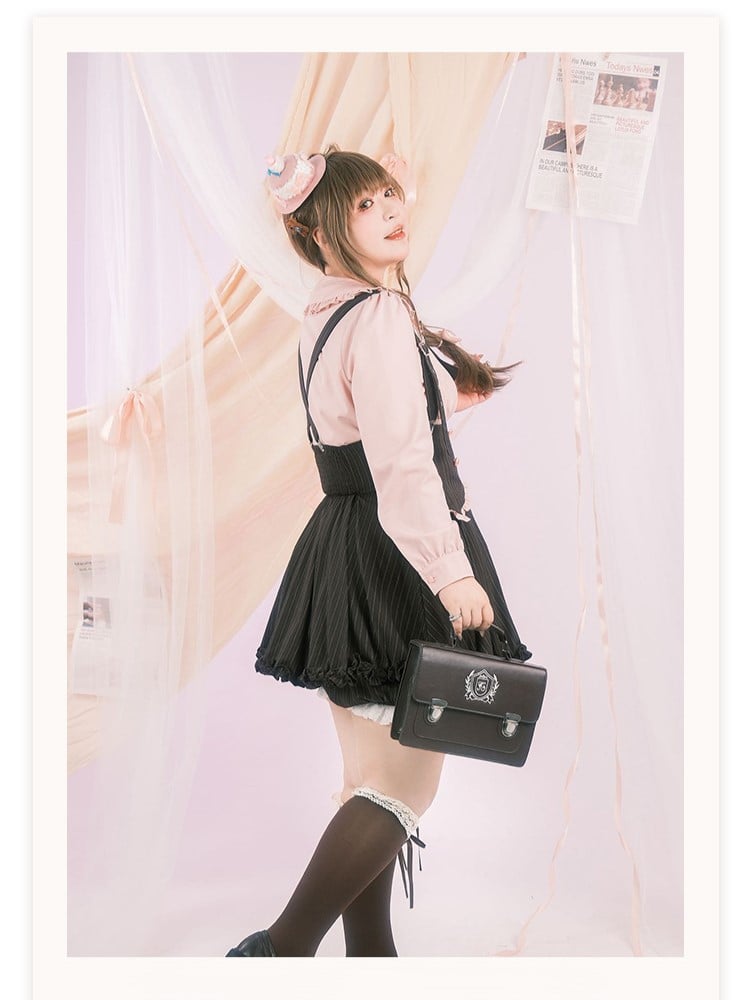 Plus Size Black Striped Bow with Pink Heart Button