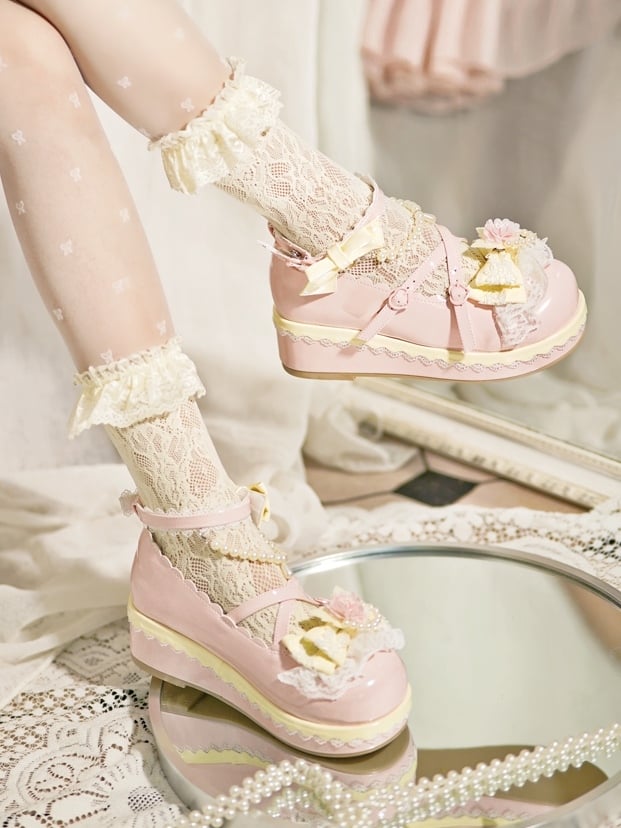 Pink Floral Design Bow at Top Lace Trim Heart Buckle Platforms With Detachable Beaded Chain