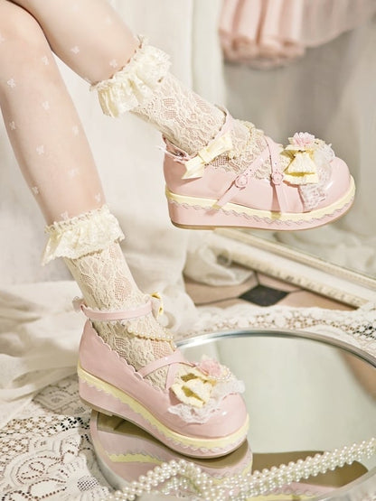Pink Floral Design Bow at Top Lace Trim Heart Buckle Platforms With Detachable Beaded Chain