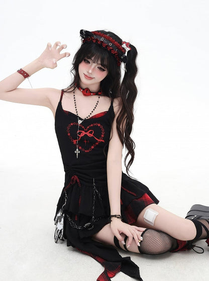 Red and Black Plaid Drawstring Waist Handkerchief Hem Tiered Skirt Cami Dress