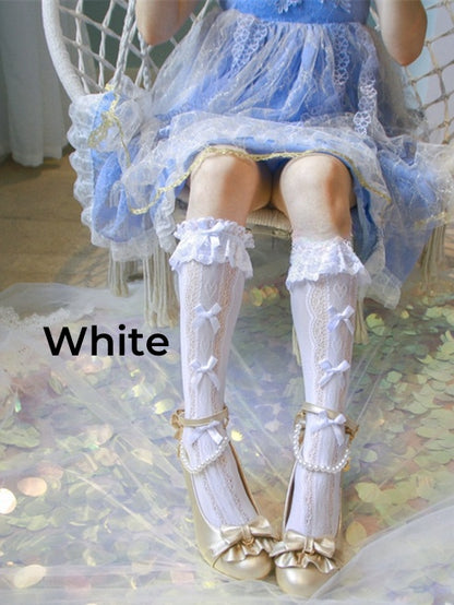 White/Cream Yellow Ruffled Lace Cuff Bows Calf Socks