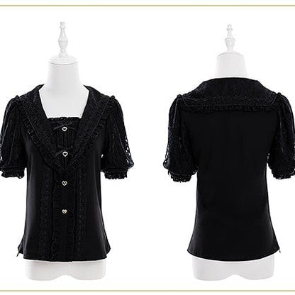 Jirai Kei Sailor Collar Black Short Sleeves Blouse Bowknot and Sweetheart Rhinestone Decorations