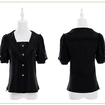 Jirai Kei Sailor Collar Black Short Sleeves Blouse Bowknot and Sweetheart Rhinestone Decorations