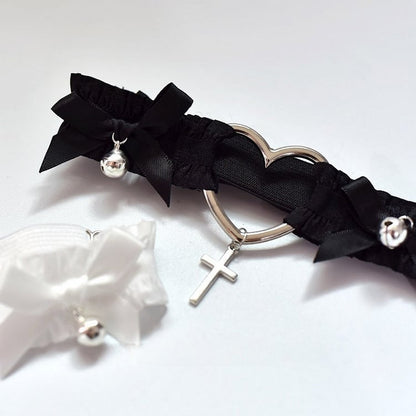 Black/White Punk Cross Pendant Bowknot Details Choker