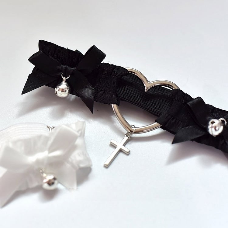 Black/White Punk Cross Pendant Bowknot Details Choker