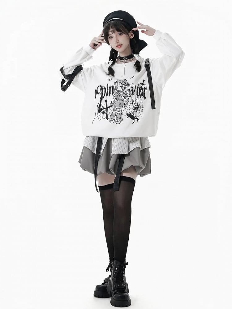 Techwear-Style Black/White Anime Girl Graffiti Sweatshirt with Letter Print and Detachable Snap Straps