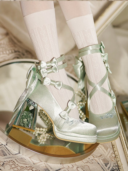 Green Camellia Flower High Block Heel Elegant Platform High Heels