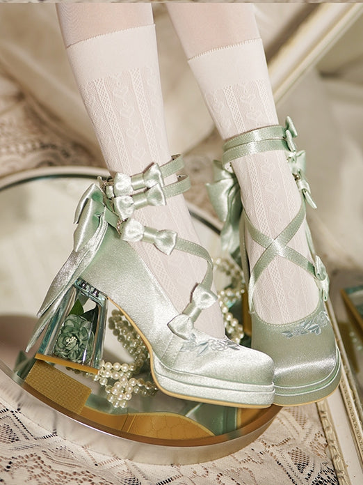 Green Camellia Flower High Block Heel Elegant Platform High Heels