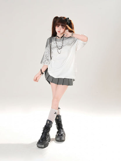 Gradient Black/White Round Neck Loose T-shirt