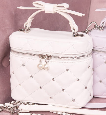 Pink/White/Black Jirai Kei Quilted Crossbody/Handbag with Rhinestone Decor