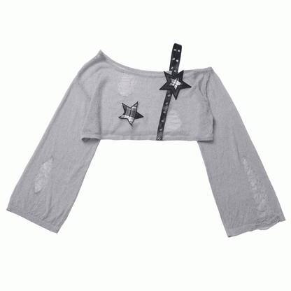 Black/Gray Star Strap Distressed Holes Punk Rock Hollow-Out Cropped Coverup