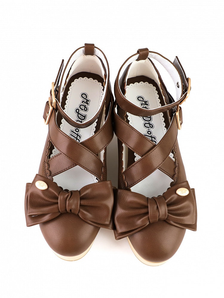 Brown Sweet Lolita Mary Janes - Platform Wood Grain Heel with Crossed Straps & Bow Decor