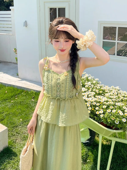 Mori Kei Green Knitted Floral Accents Cami Top