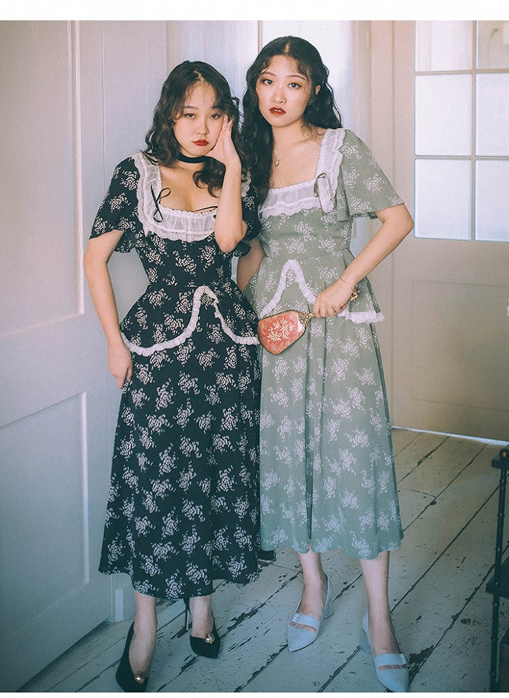 Blackberry and Laurel Vintage Lace Square Neckline SHort Sleeves Long Dress