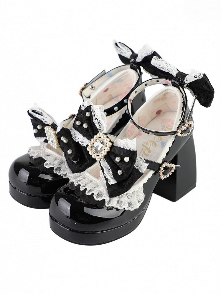 Polished Black Detachable Rhinestone And Beaded Decorated Bowknot Lace Trim Platform High Block Heels