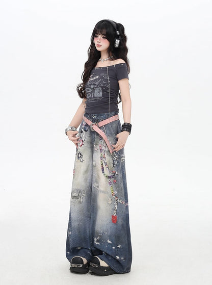 Chains Print Splash Ink Details Blue Low Rise Distressed Wide-leg Jeans