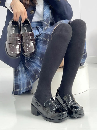 PU Black Academic Mid-Heel Shoes - Slip-On Design for School Style