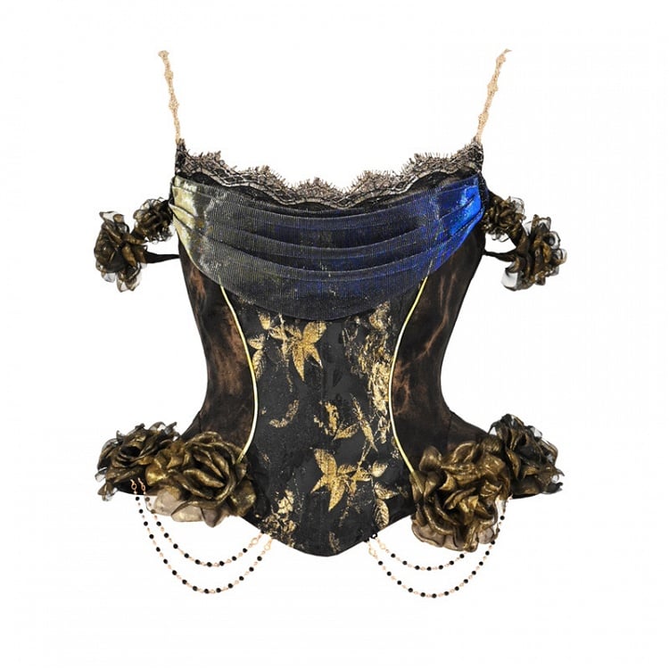 Gold Roses Decorated Black and Gold Goth Boned Corset Top