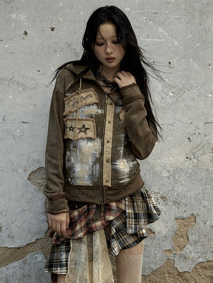 Sweetheart Applique Brown Gothic Punk Distressed Zip Hoodie with Studs
