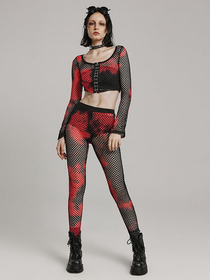 Black and Red Punk Tie-dyed Mesh Long Sleeve T-shirt