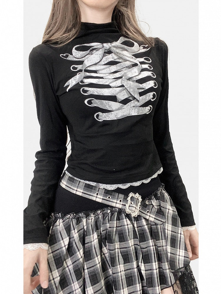 Black Y2K Bittersweet Print Design Lace Trim Mock Neck Top