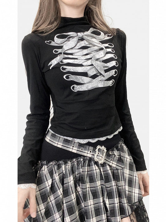 Black Y2K Bittersweet Print Design Lace Trim Mock Neck Top