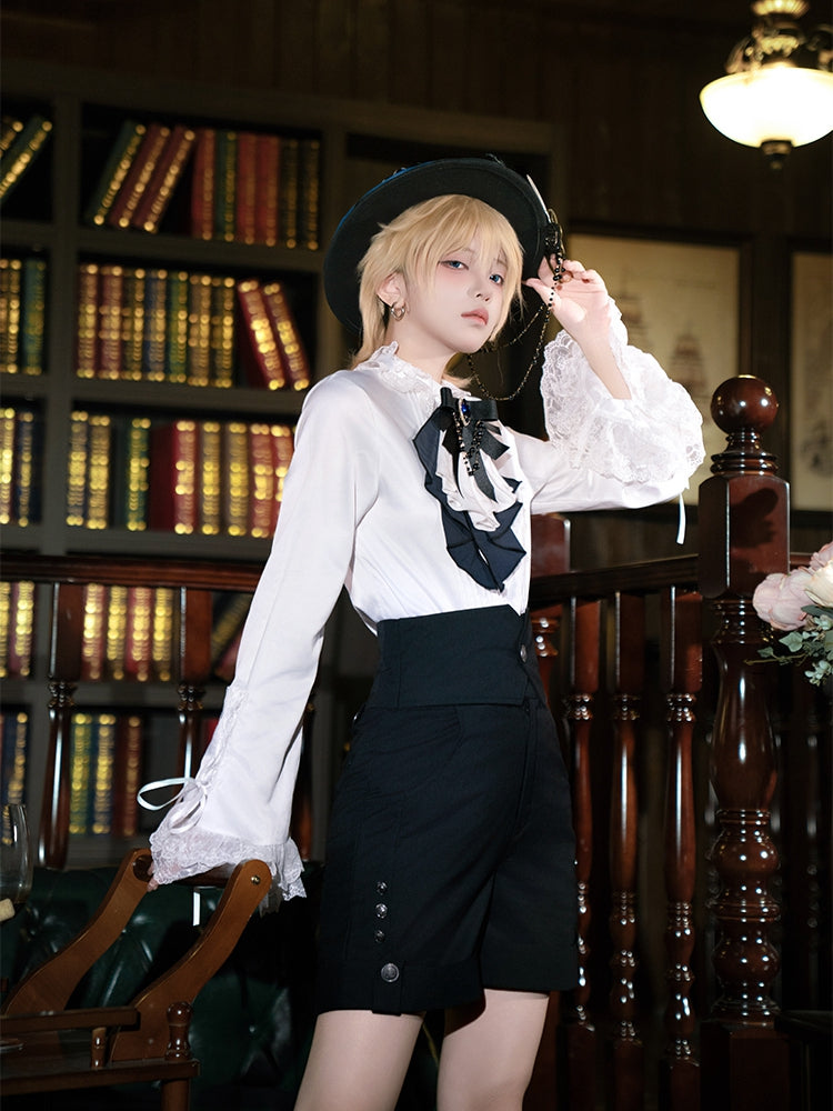 Elegant Jabot Bowtie with Blue Gem and Bead Detail