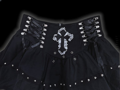 Gothic Punk Black Lace Cross Applique Stud Accents Lace-up Detail Skirt