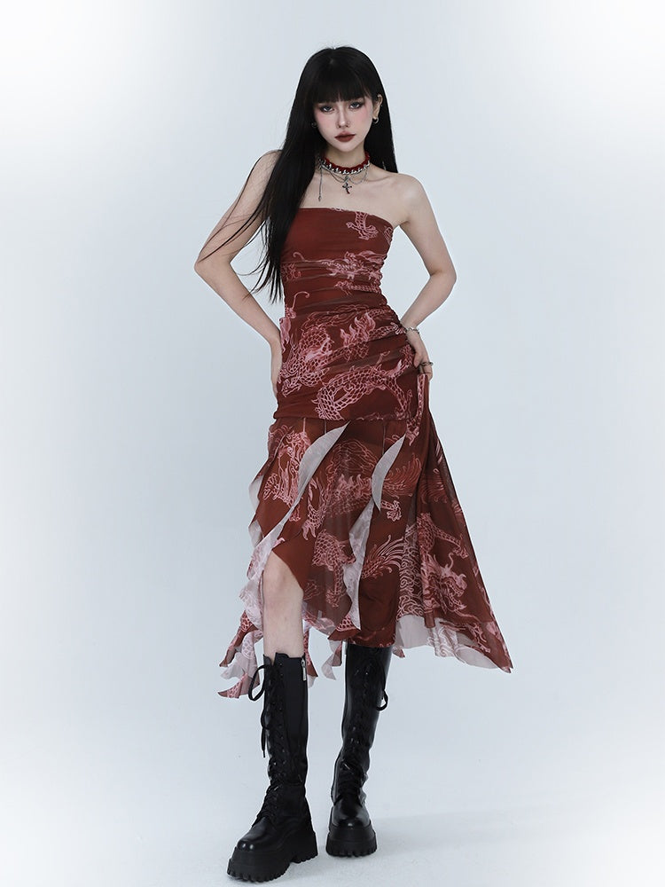 Red Dragon Print Asymmetrical Hem Slim-fitting Dress